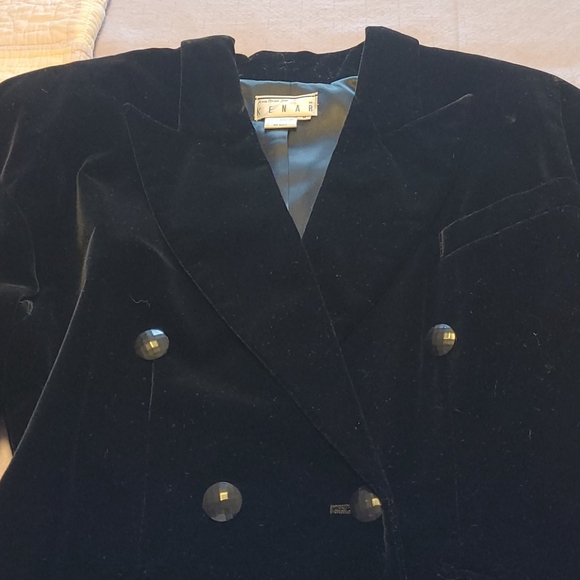 Kenar vintage 80's black velvet fitted blazer double breasted Made in Hong Kong - Picture 5 of 12